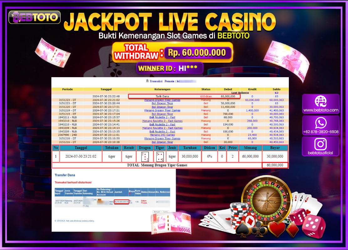 JACKPOT LIVE CASINO BEBTOTO DRAGON TIGER Rp.60.000.000.,- LUNAS
