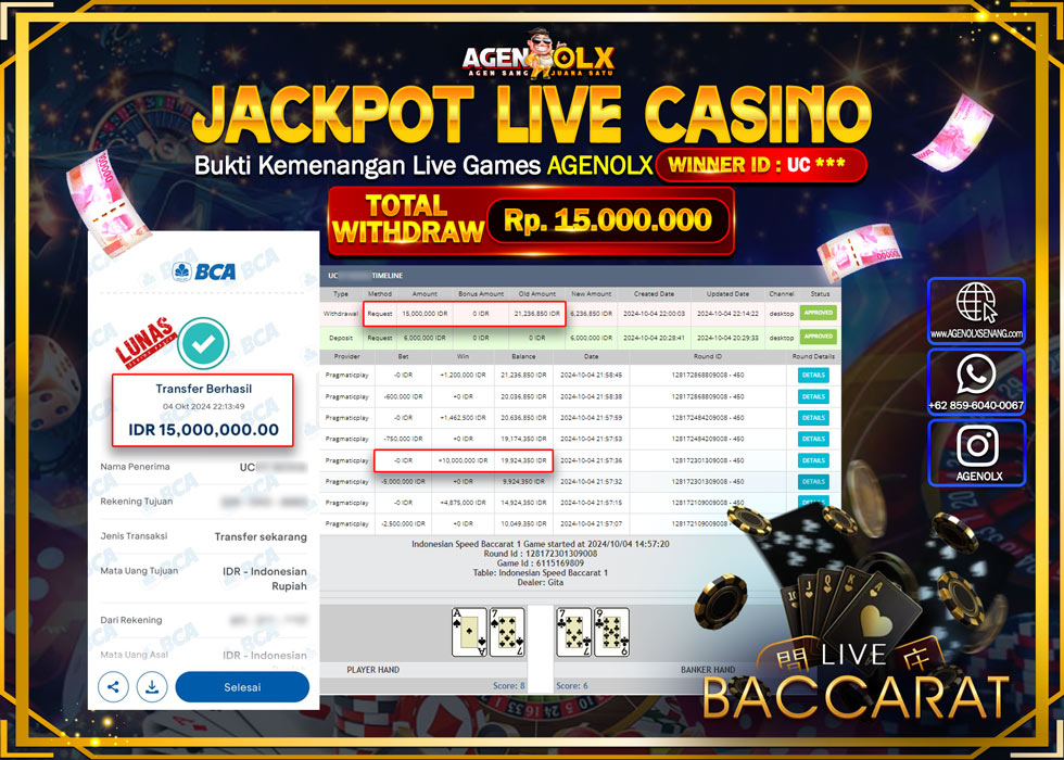 AGENOLX JACKPOT LIVE GAMES BACCARAT Rp.15.000.000,- LUNAS