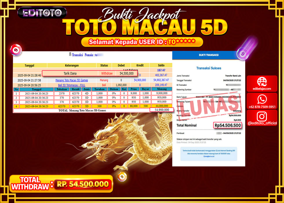 JACKPOT EDITOTO TOGEL PASARAN TOTO MACAU 4D Rp.54.500.000.,- LUNAS