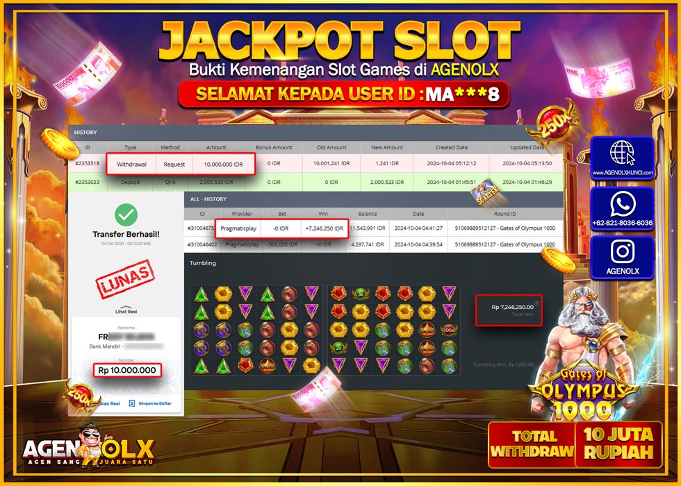 AGENOLX JACKPOT  SLOT GATES OF OLYMPUS 1000 Rp.10.000.000,- LUNAS