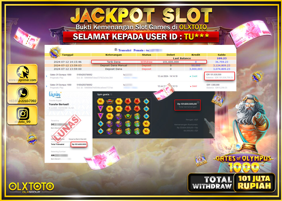 OLXTOTO JACKPOT  SLOT GATES OF OLYMPUS 1000 Rp.101.600.000.,- LUNAS