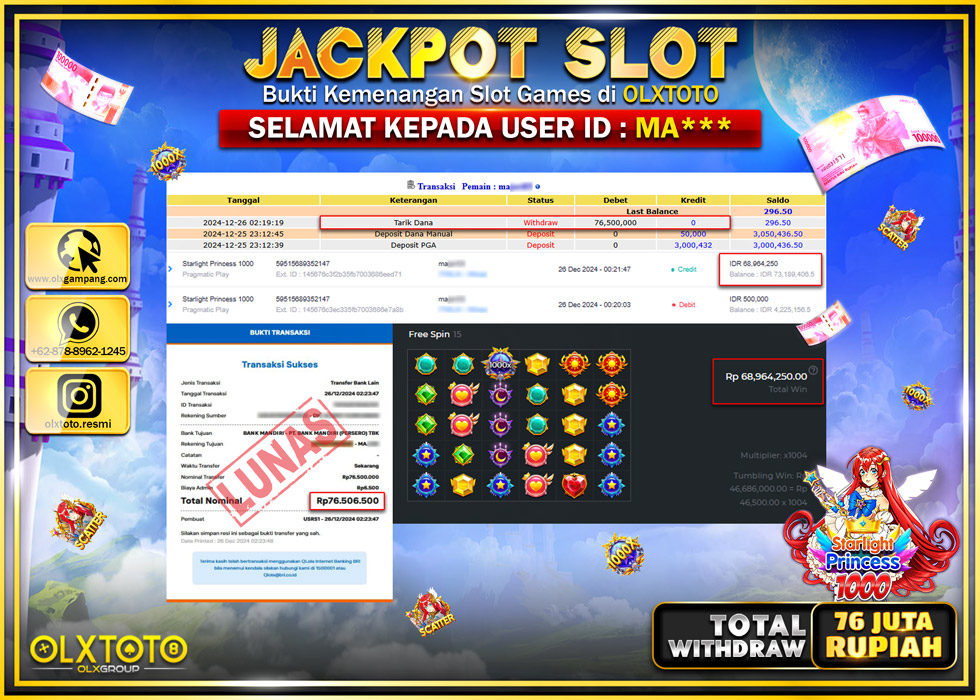 OLXTOTO JACKPOT  SLOT STARLIGHT PRINCESS 1000  Rp.76.500.000.,- LUNAS