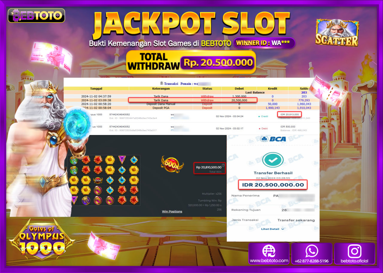 JACKPOT SLOT BEBTOTO GATES OF OLYMPUS 1000 Rp.20.500.000.,- LUNAS