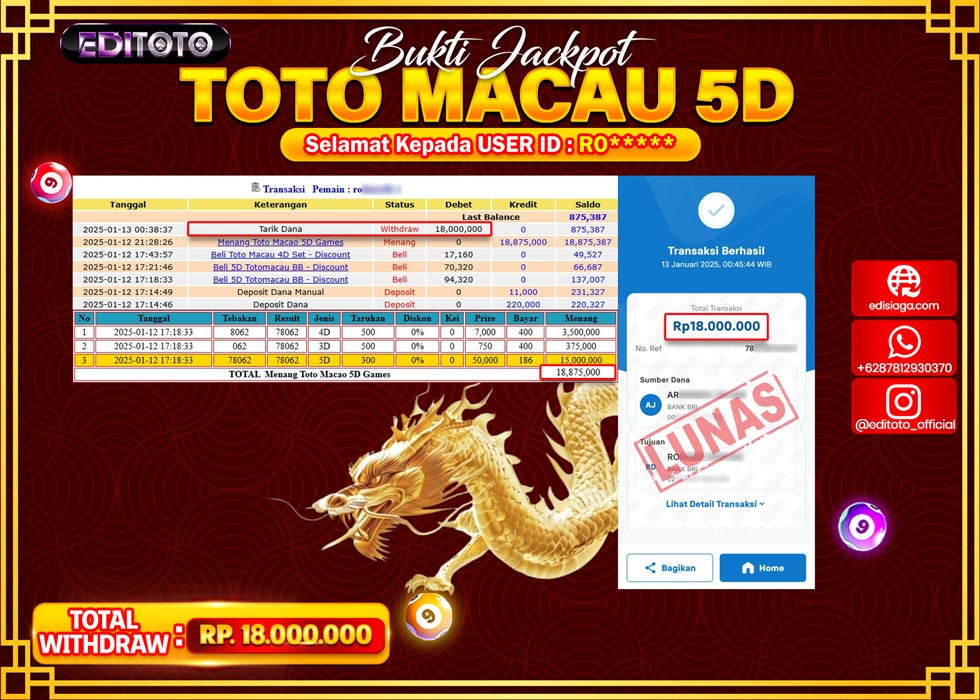 JACKPOT TOGEL PASARAN TOTOMACAU 5D Rp.18.000.000.,- LUNAS
