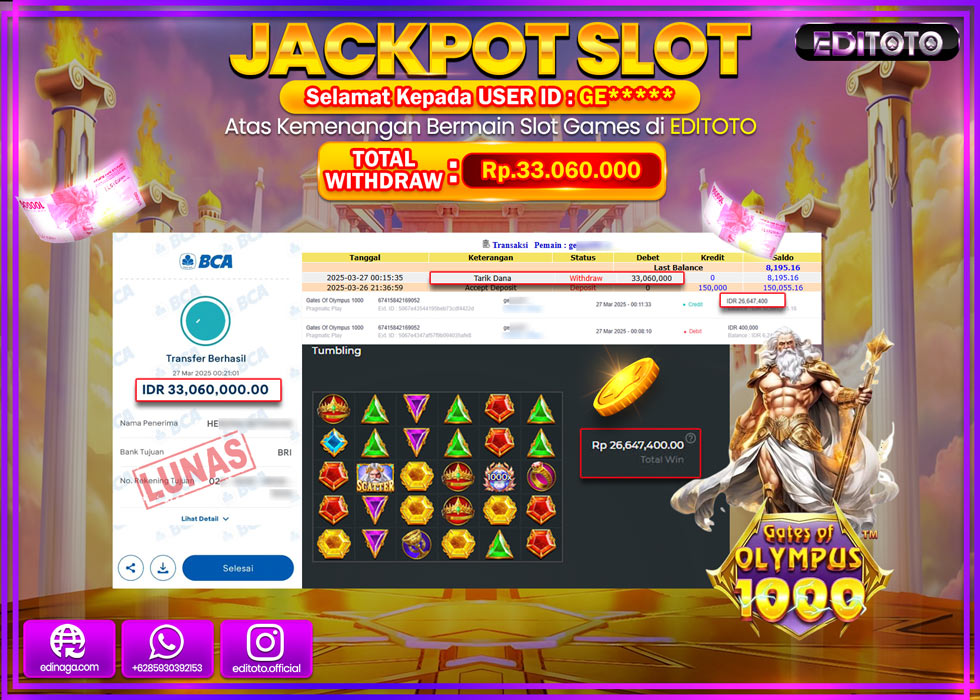 JACKPOT SLOT GATES OF OLYMPUS 1000 Rp.33.060.000.,- LUNAS