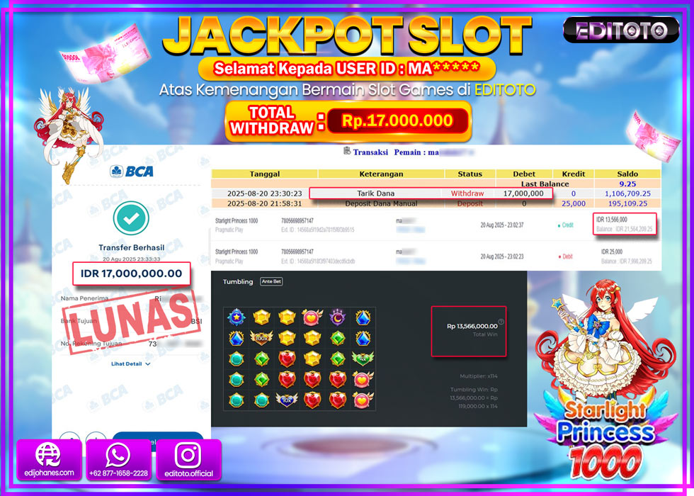 JACKPOT EDITOTO SLOT STARLIGHT PRINCESS 1000 Rp.17.000.000,- LUNAS 