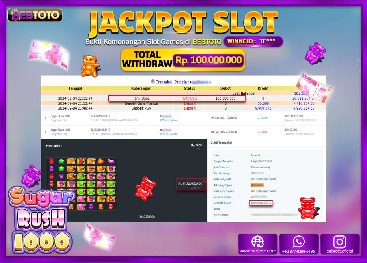 JACKPOT SLOT BEBTOTO Sugar Rush 1000 Rp.100.000.000.,- LUNAS