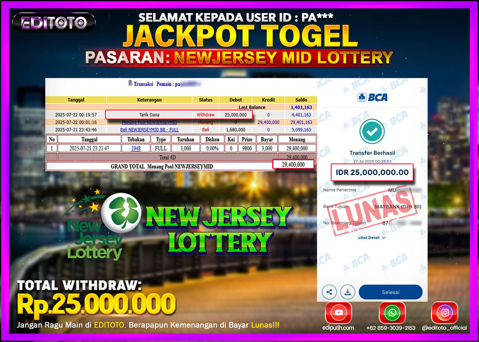JACKPOT EDITOTO TOGEL PASARAN NEWJERSEY MID LOTTERY Rp.25.000.000.,- LUNAS