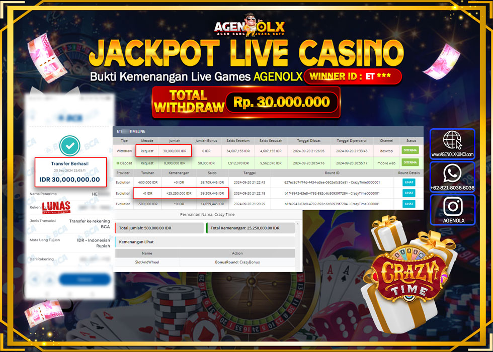 AGENOLX JACKPOT LIVE CASINO CRAZY TIME Rp.30.000.000,- LUNAS