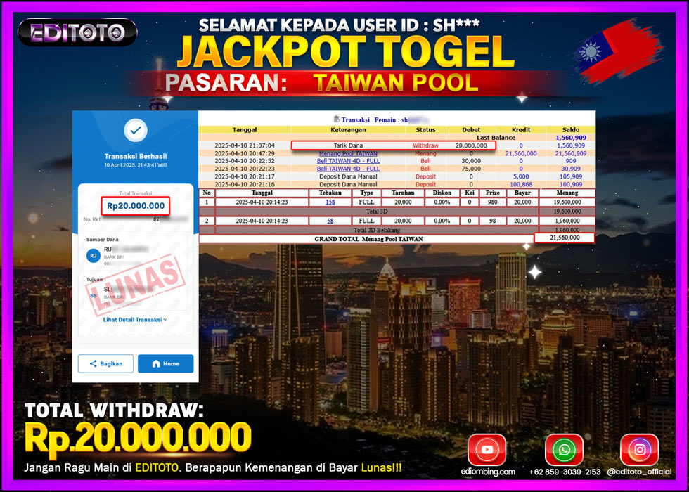 JACKPOT EDITOTO TOGEL PASARAN TAIWAN POOL Rp.20.000.000.,- LUNAS