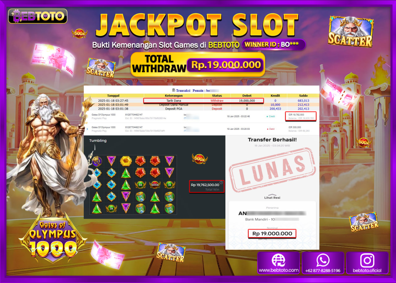 JACKPOT SLOT BEBTOTO GATES OF OLYMPUS 1000 Rp.19.000.000.,- LUNAS