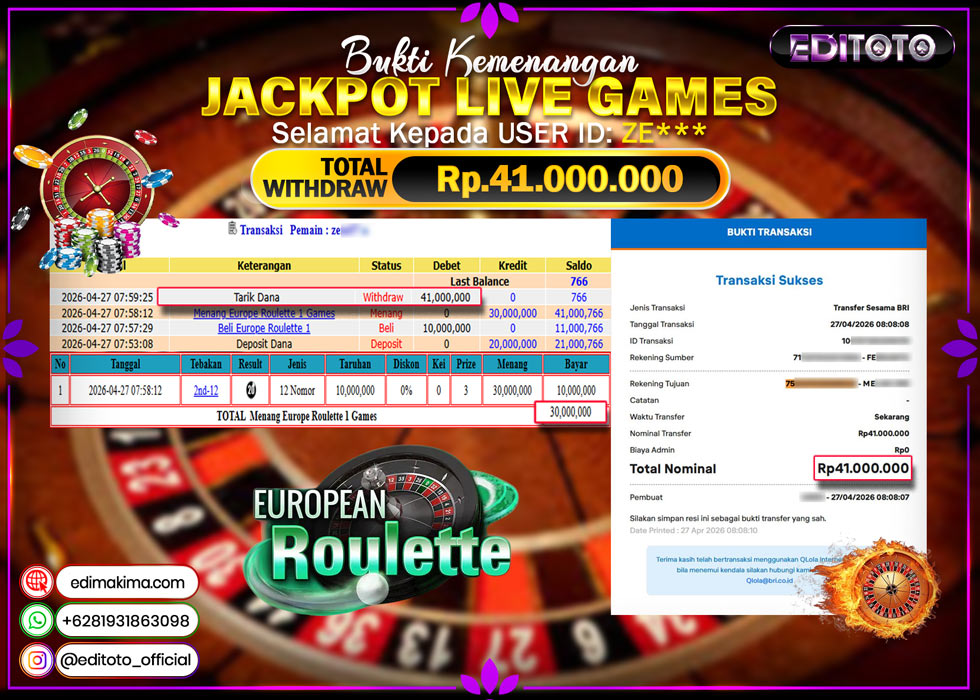 JACKPOT EDITOTO LIVE GAMES EUROPE ROULETTE 1 Rp. 41.000.000.,- LUNAS