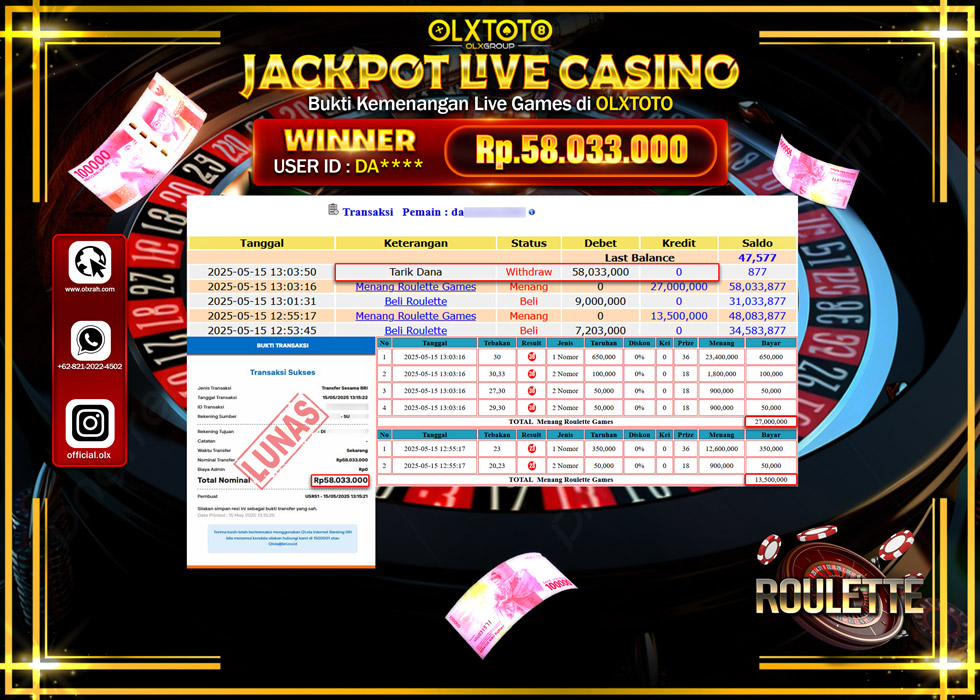 BINTANGSLOT77 JACKPOT  LIVE GAMES ROULETTE Rp.58.033.000.,- LUNAS