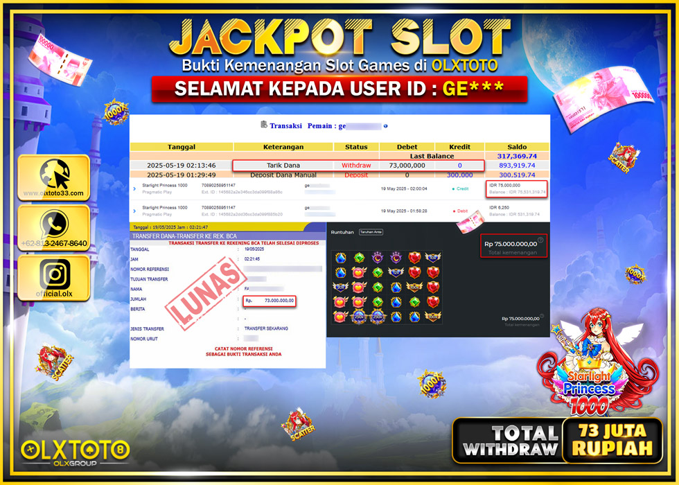 BINTANGSLOT77 JACKPOT SLOT STARLIGHT PRINCESS 1000  Rp.73.000.000.,- LUNAS