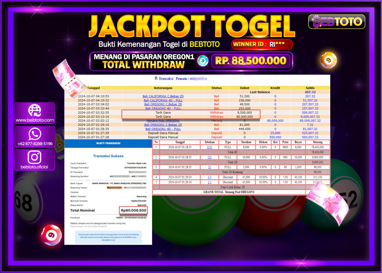 JACKPOT TOGEL BEBTOTO CALIFORNIA Rp.88.500.000.,- LUNAS