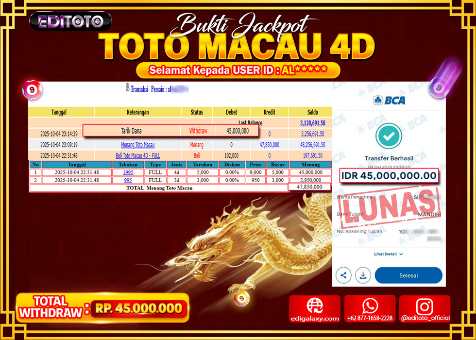 JACKPOT EDITOTO TOGEL PASARAN TOTO MACAU 4D Rp.45.000.000.,- LUNAS