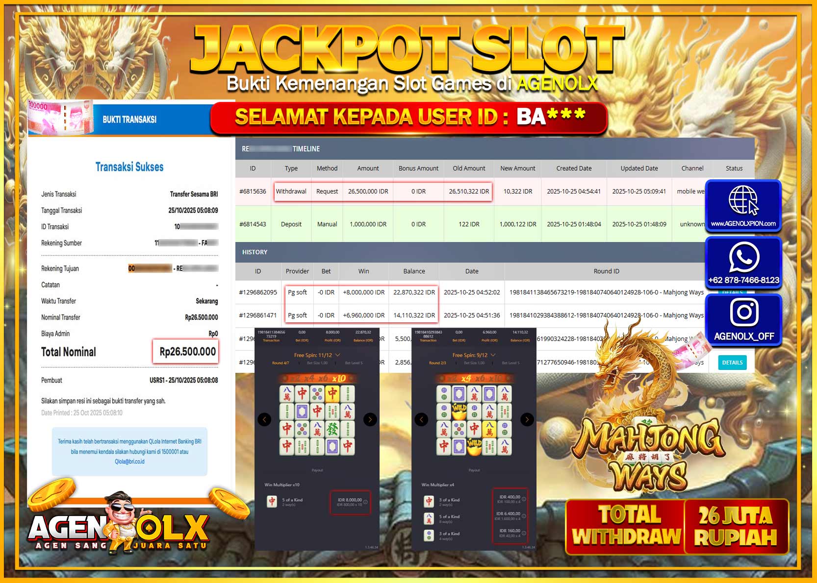 AGENOLX JACKPOT SLOT MAHJONG WAYS  Rp 26,500,000,- LUNAS