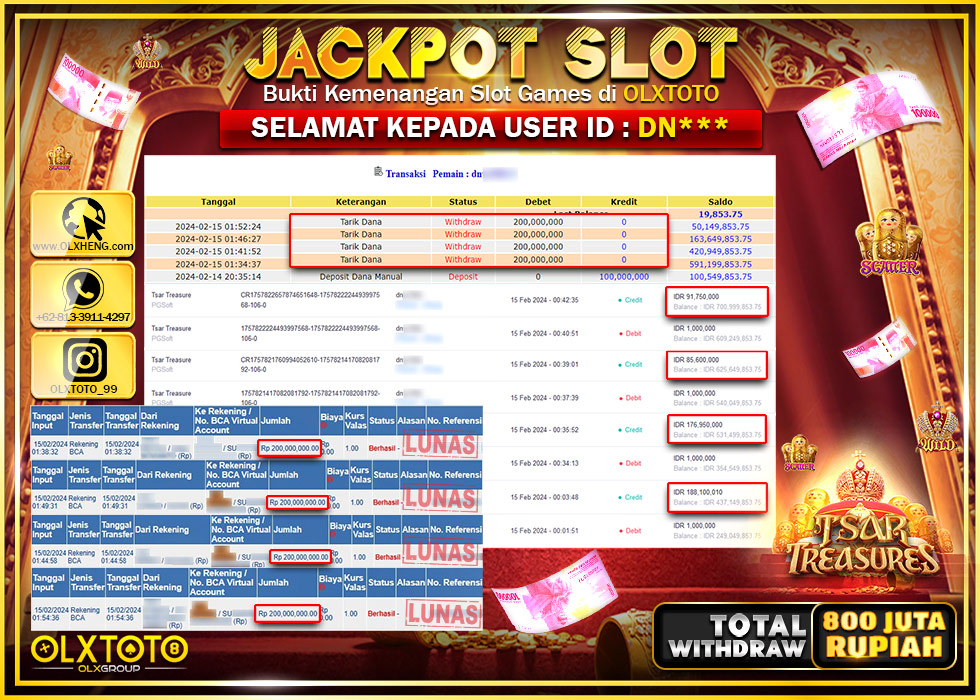 OLXTOTO JACKPOT SLOT TSAR TREASURES Rp.800.000.000.,- LUNAS