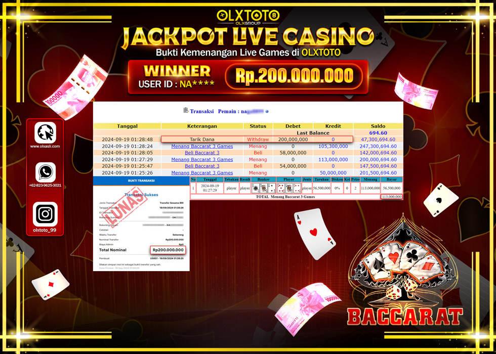 OLXTOTO JACKPOT  LIVE GAMES BACCARAT 3 Rp.200.000.000.,- LUNAS