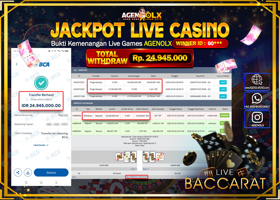 AGENOLX SLOT LIVE CASSINO BACCARAT Rp 24.945.000,- LUNAS