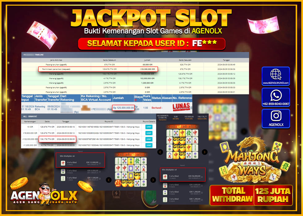 AGENOLX JACKPOT SLOT MAHJONG WAYS Rp.125.000.000,- LUNAS