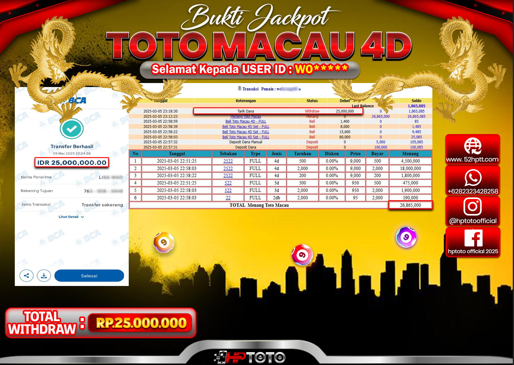 HPTOTO JACKPOT TOGEL PASARAN TOTO MACAU Rp.25.000.000,- LUNAS