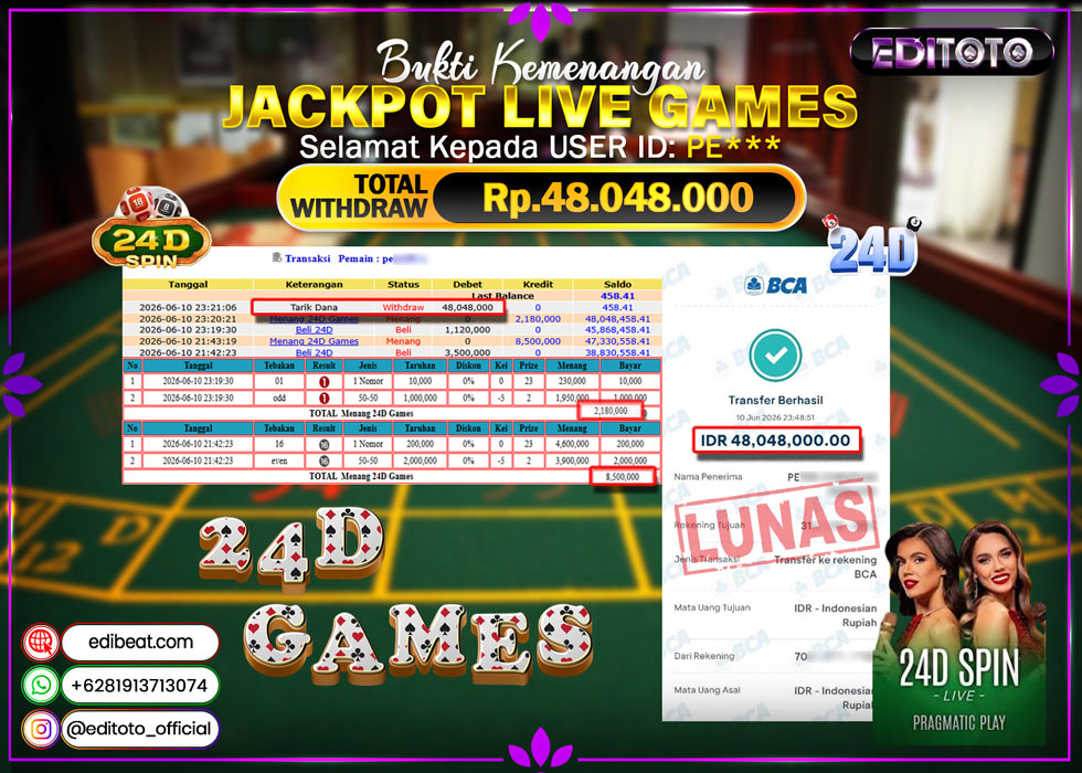 JACKPOT EDITOTO LIVE GAMES 24D GAMES  Rp. 48.048.000.,- LUNAS
