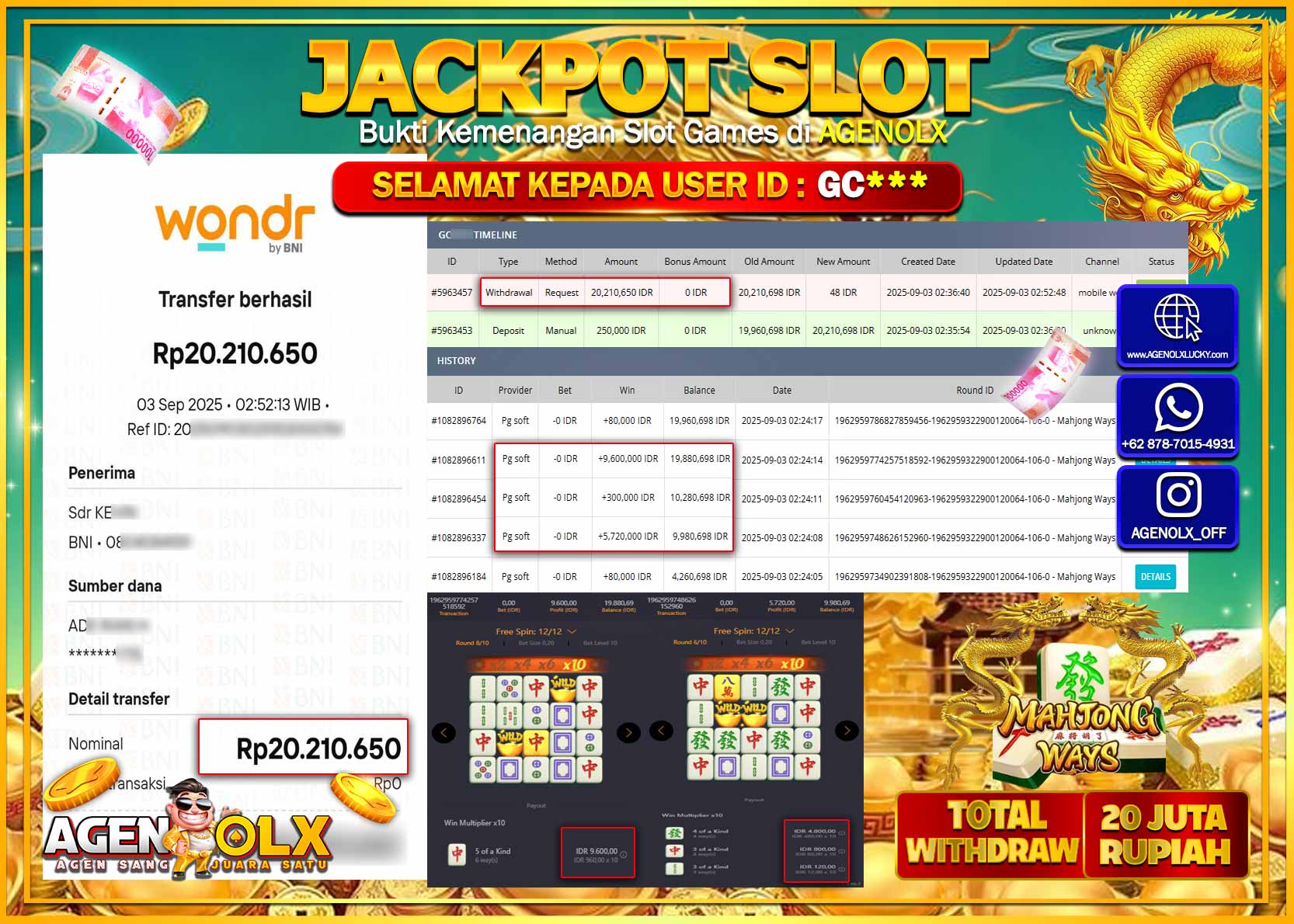 AGENOLX JACKPOT SLOT MAHJONG WAYS Rp 20,210,650,- LUNAS