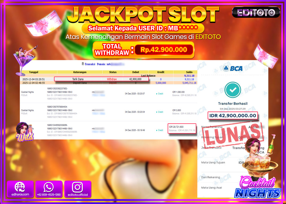 JACKPOT EDITOTO SLOT COCKTAIL NIGHTS  Rp.42.900.000,- LUNAS