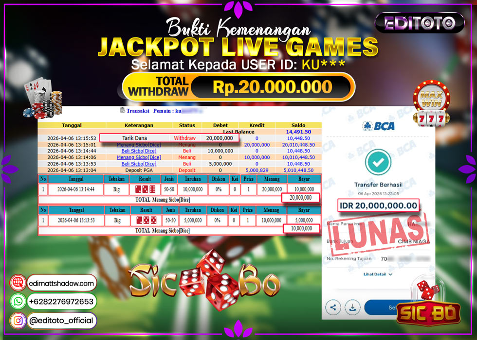 JACKPOT EDITOTO LIVE GAMES SICBO DICE Rp. 20.000.000.,- LUNAS