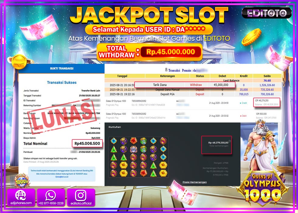 JACKPOT EDITOTO SLOT GATES OF OLYMPUS 1000 Rp.45.000.000,- LUNAS 