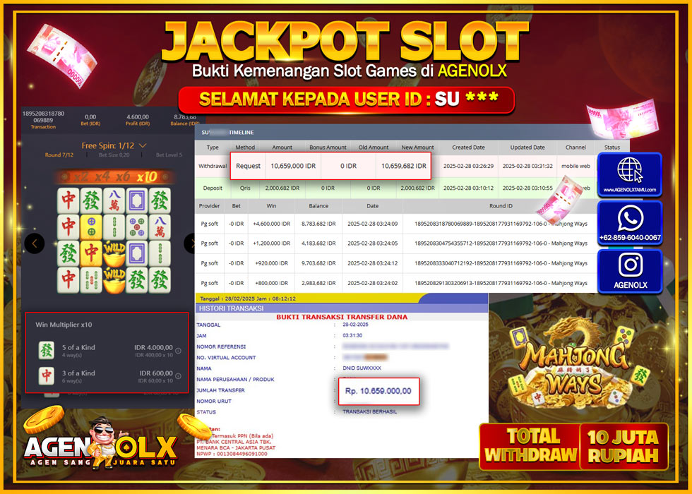 AGENOLX JACKPOT SLOT MAHJONG WAYS Rp 10.000.000,- LUNAS
