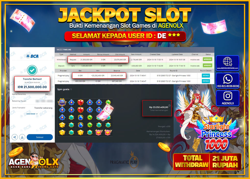 AGENOLX JACKPOT SLOT STARLIGHT PRINCESS 1000 Rp21.000.000,- LUNAS