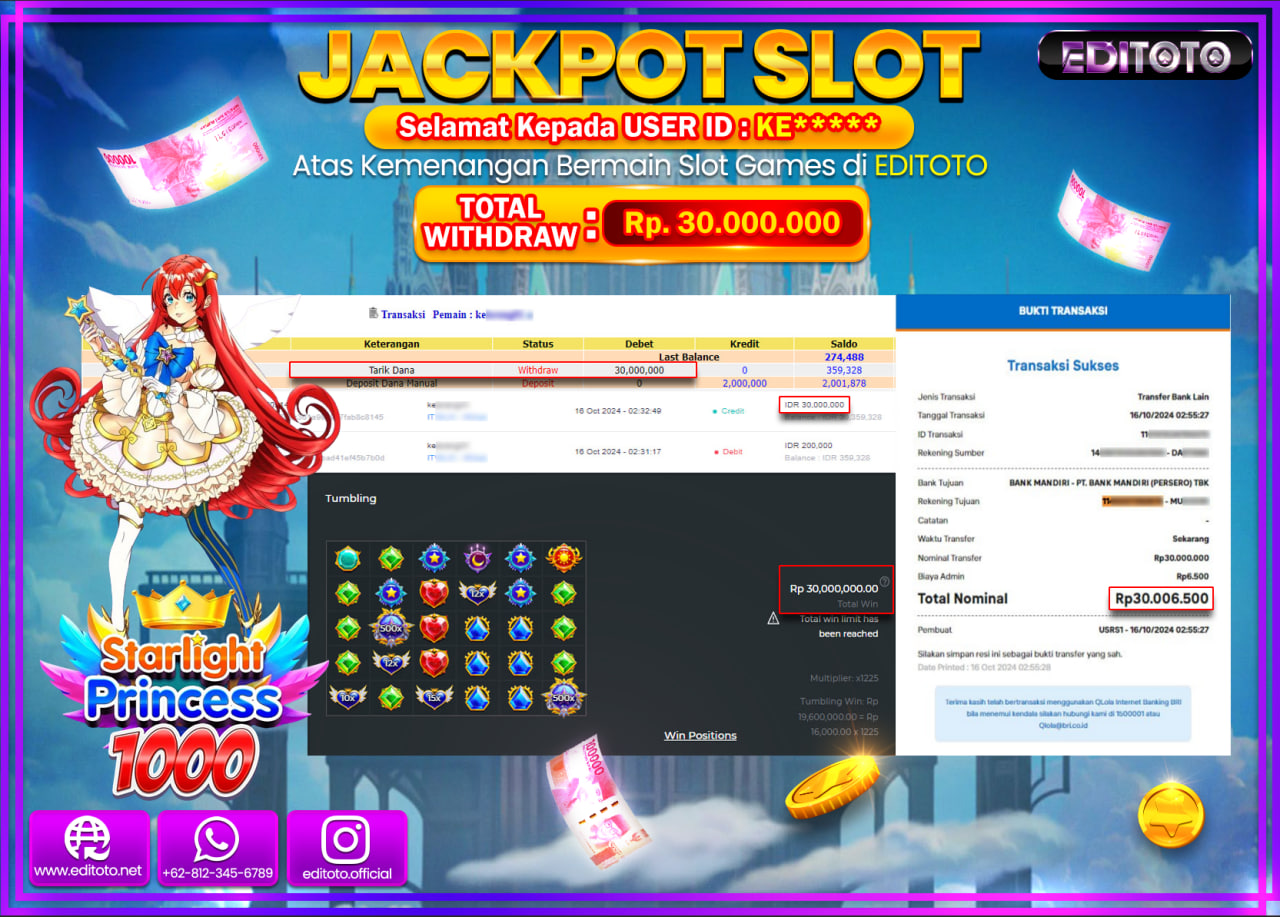 JACKPOT SLOT STARLIGHT PRINCESS 1000 Rp.30.000.000.,- LUNAS