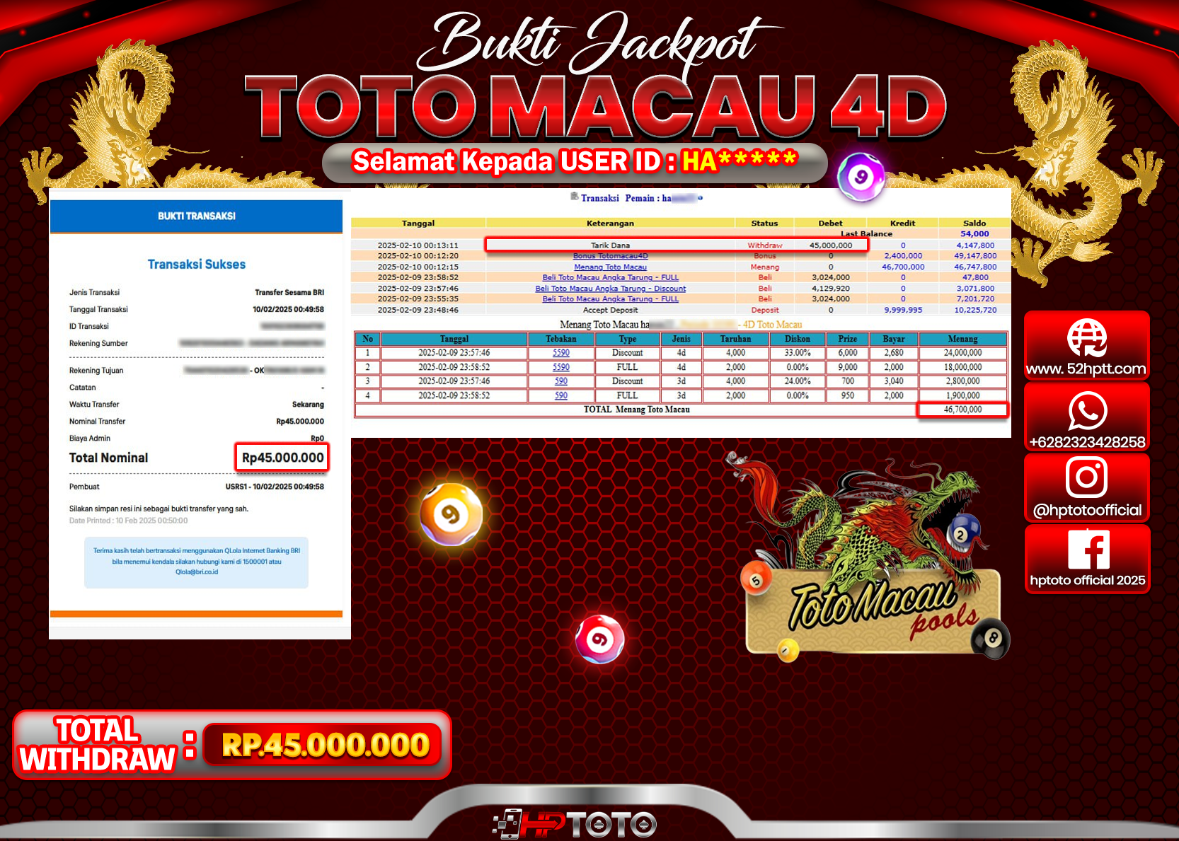 HPTOTO JACKPOT TOGEL PASARAN TOTOMACAU Rp.45.000.000,- LUNAS
