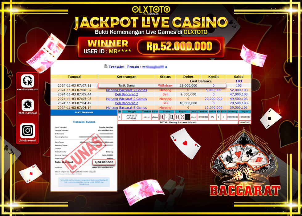 OLXTOTO JACKPOT  LIVE GAMES BACCARAT 2 Rp.52.000.000.,- LUNAS