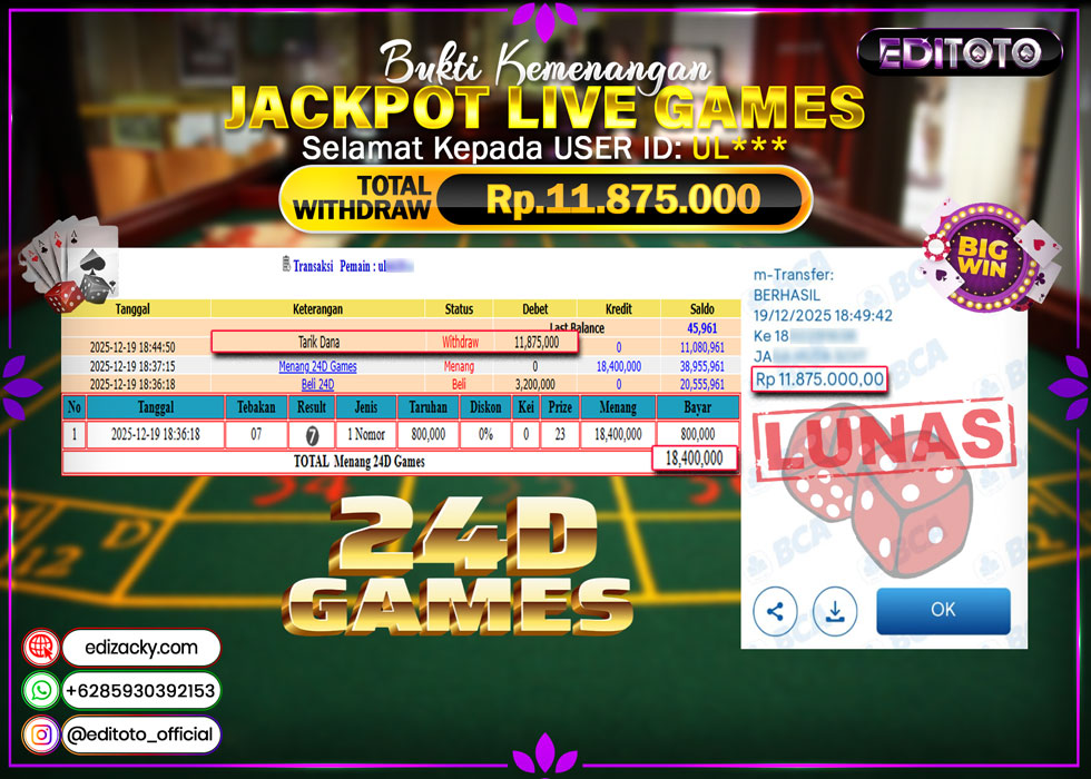 JACKPOT EDITOTO LIVE GAMES 24D GAMES Rp. 11.875.000.,- LUNAS