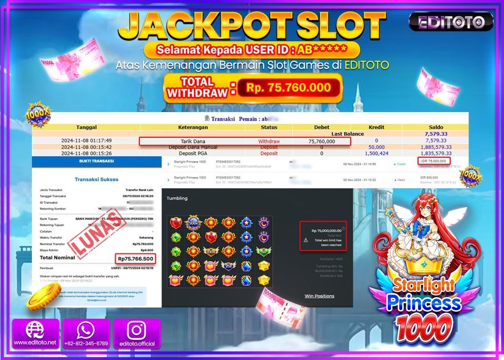 JACKPOT SLOT STARLIGHT PRINCESS 1000 Rp.75.760.000.,- LUNAS