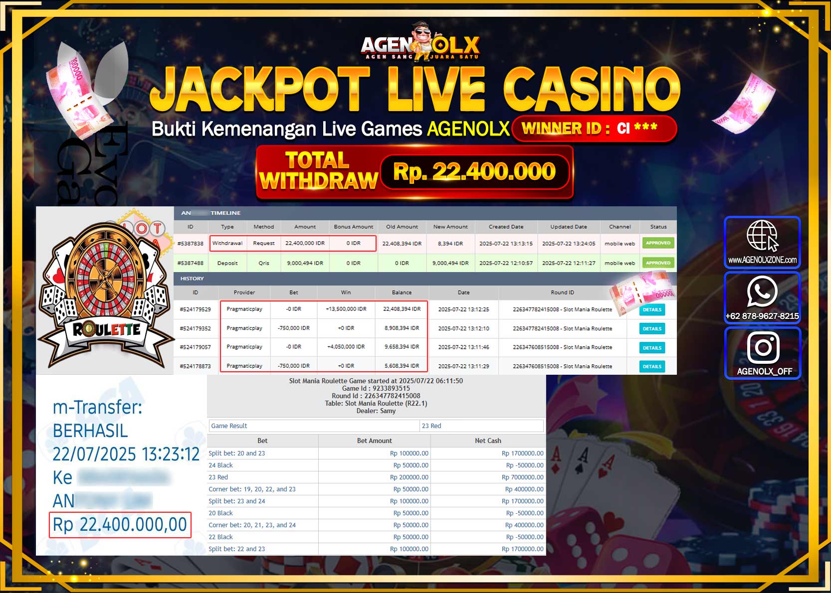 AGENOLX JACKPOT  SLOT MANIA ROULETTE  Rp 22.400.000,- LUNAS