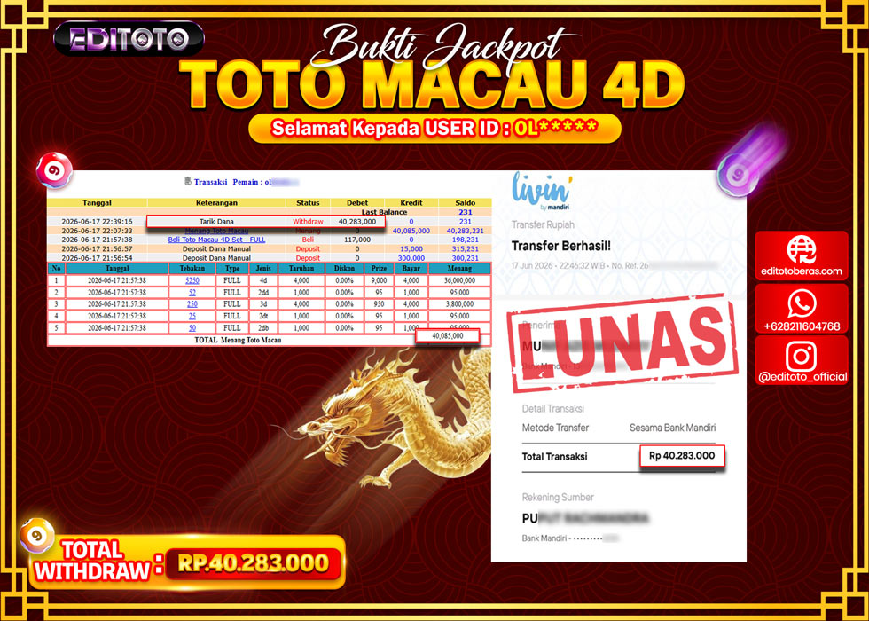 JACKPOT EDITOTO TOGEL PASARAN TOTO MACAU 4D Rp.40.283.000.,- LUNAS