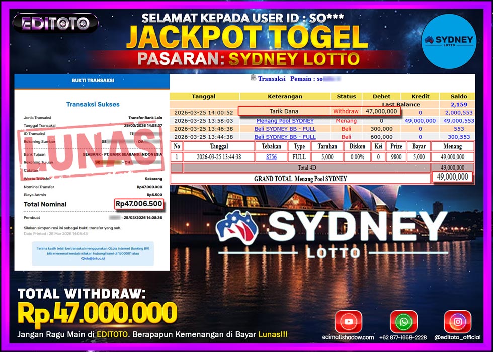 JACKPOT EDITOTO TOGEL PASARAN SYDNEY LOTTO Rp.47.000.000.,- LUNAS