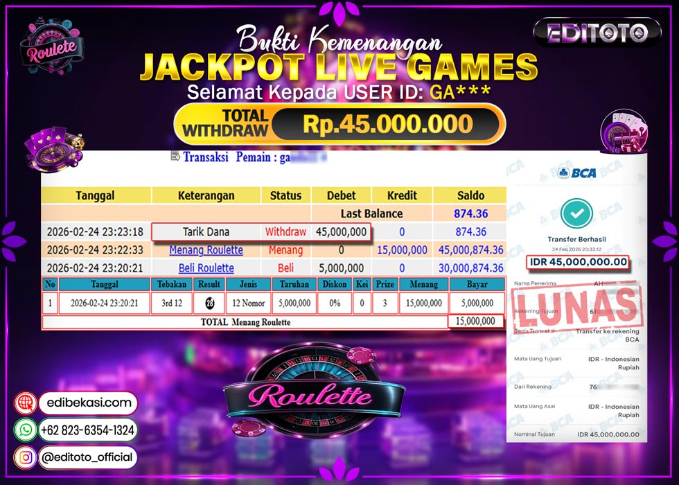 JACKPOT EDITOTO LIVE GAMES ROULETTE GAMES Rp. 45.000.000.,- LUNAS