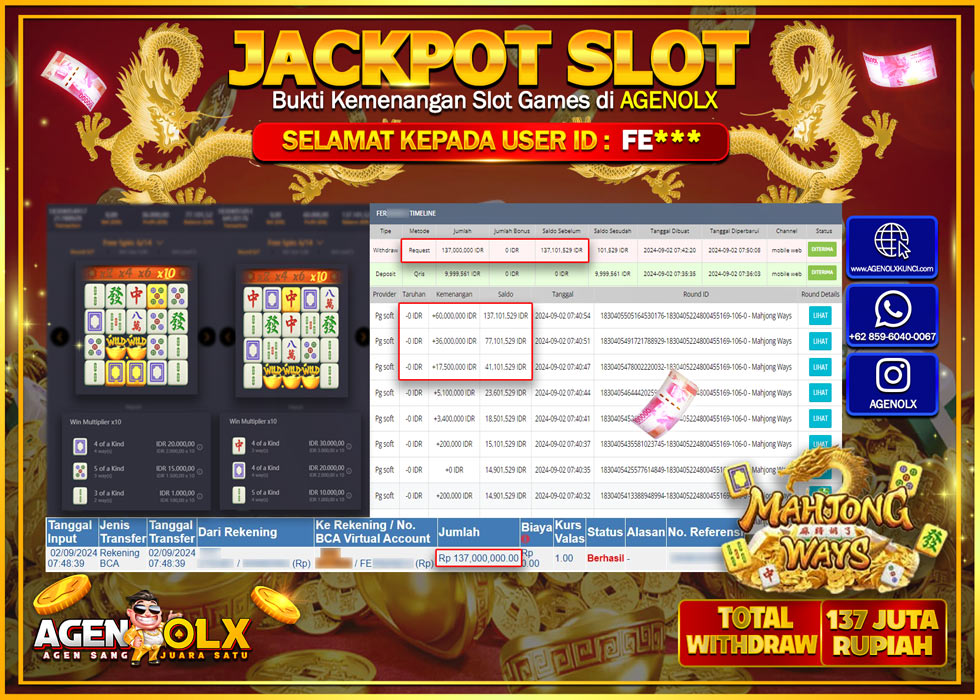AGENOLX JACKPOT SLOT MAHJONG WAYS Rp.137.000.000,- LUNAS