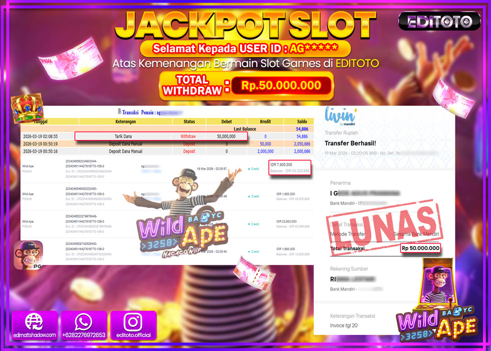 JACKPOT EDITOTO SLOT WILD APE Rp.50.000.000,- LUNAS