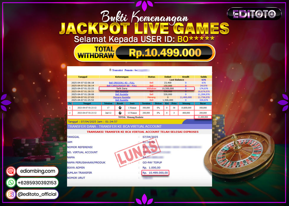 JACKPOT LIVE GAMES ROULLETE Rp.10.499.000.,- LUNAS