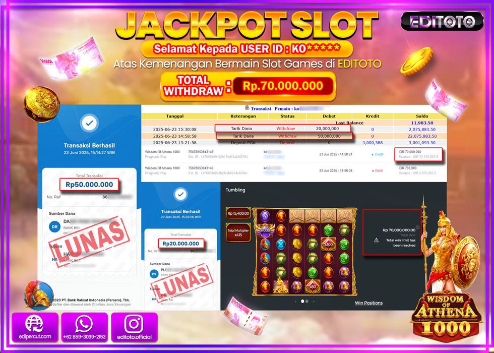 JACKPOT EDITOTO SLOT WISDOM OF ATHENA 1000 Rp.70.000.000,- LUNAS