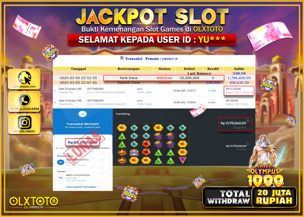 OLXTOTO JACKPOT GATES OF OLYMPUS 1000 Rp.20.000.000.,- LUNAS