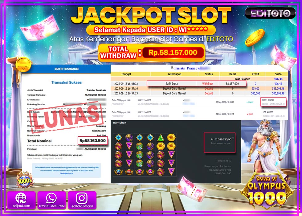 JACKPOT EDITOTO SLOT GATES OF OLYMPUS 1000 Rp.58.157.000,- LUNAS 