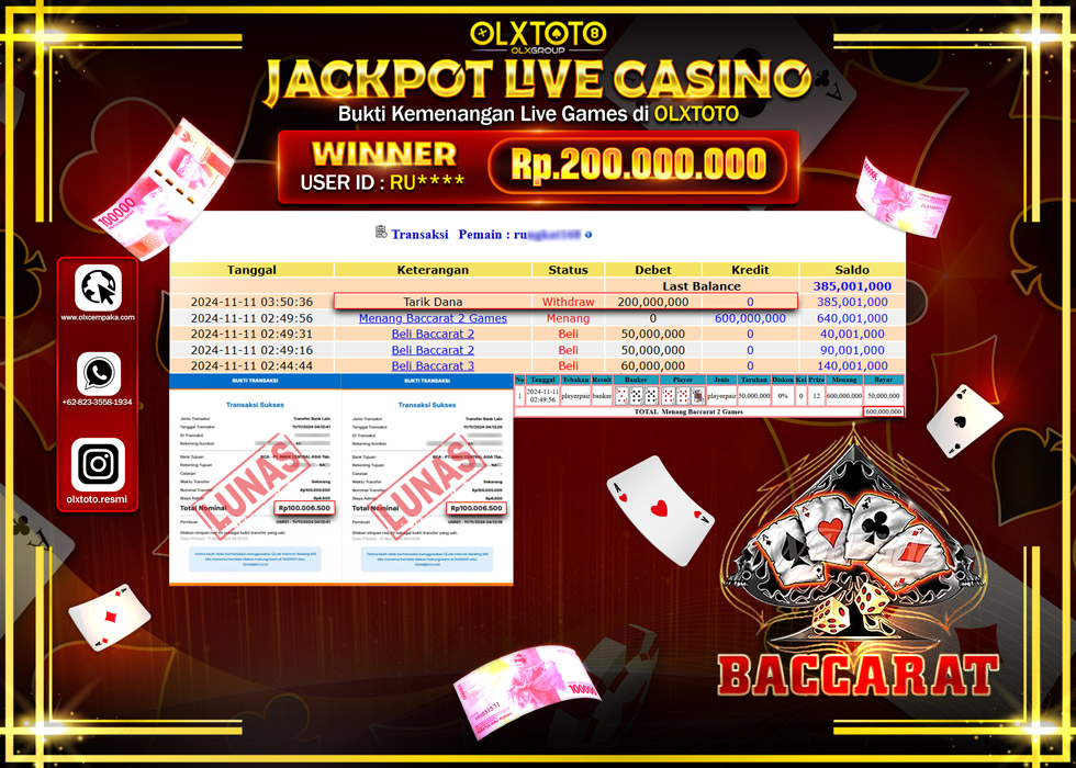 OLXTOTO JACKPOT  LIVE GAMES BACCARAT 3 Rp.200.000.000.,- LUNAS