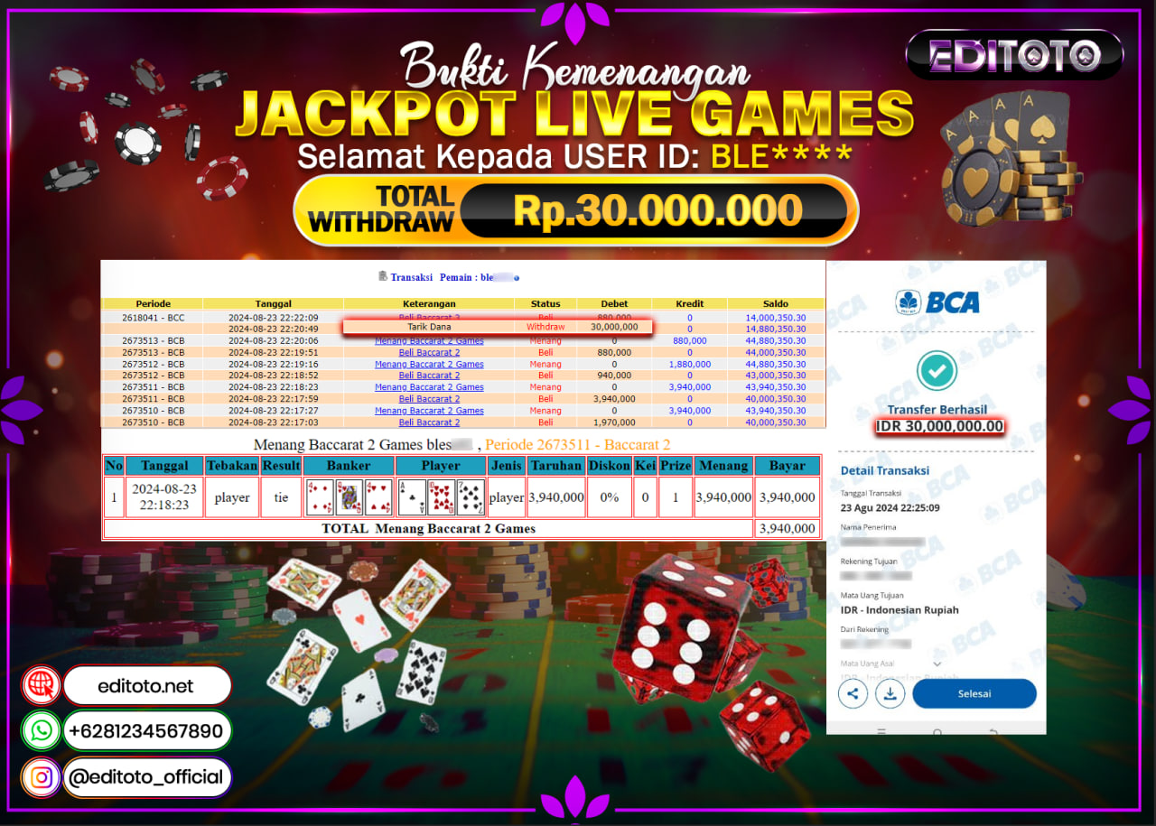 JACKPOT LIVE GAME BACCARAT 2 Rp.30.000.000.,- LUNAS